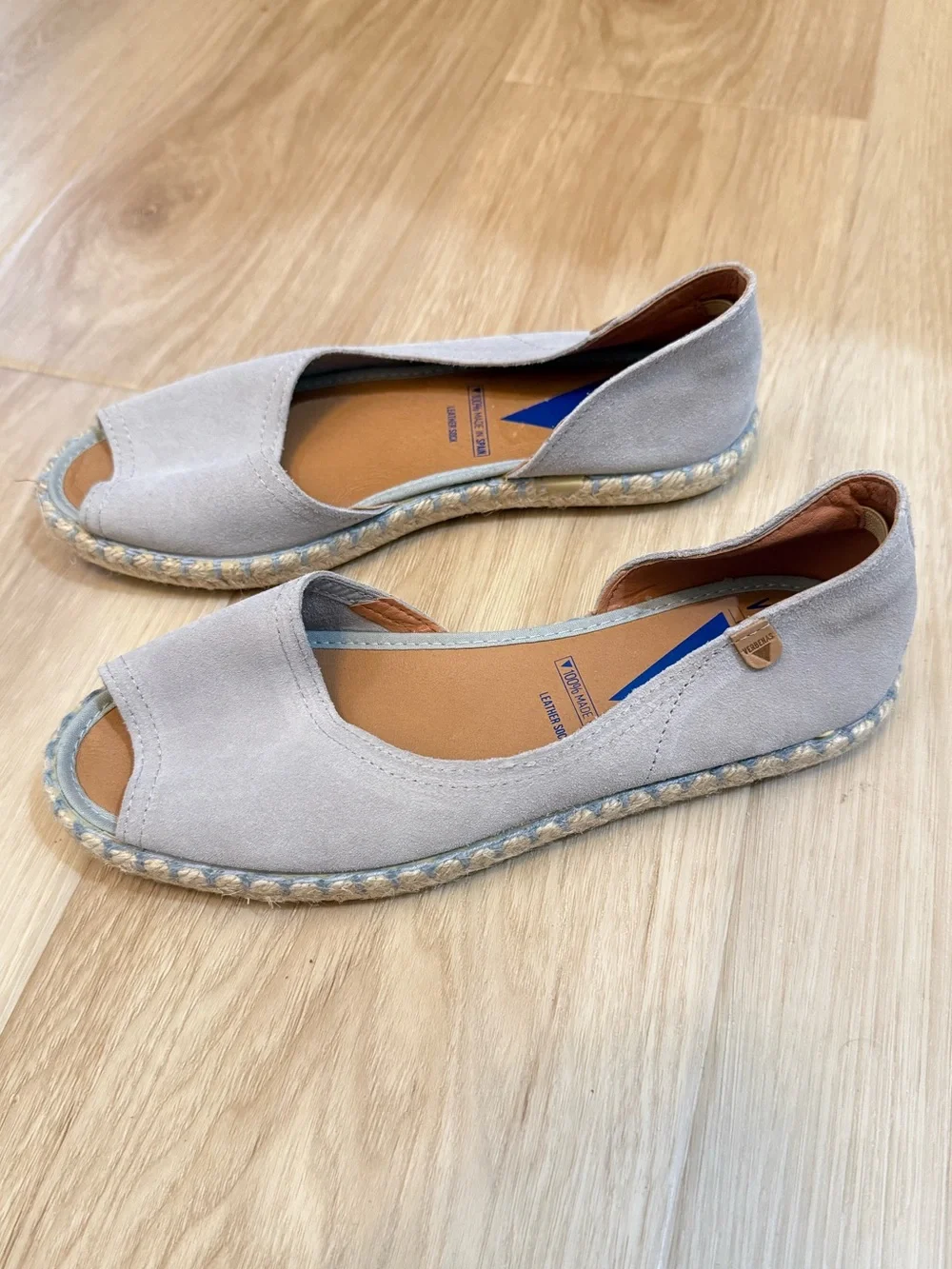 Verbena Spain Taupe Leather Suede Peep Toe Espadrille Flats EU 37 US 6.5 7 NWOT